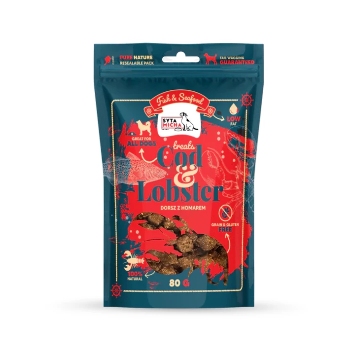 SYTA MICHA Fish & Seafood - niskotłuszczowe przysmaki dla psa z dorsza i homara 80g