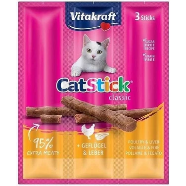 VITAKRAFT Cat Stick mini - aromatyczne i soczyste kabanosy dla kotów, kurczak i wątróbka 3 szt.