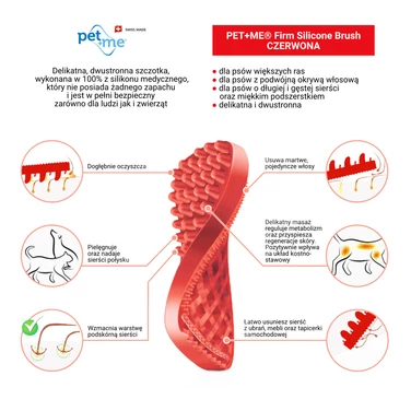 PET+ME Medium Silicone Brush Red - szczotka silikonowa dla psów, do gęstej i długiej sierści z grubym podszerstkiem - 2