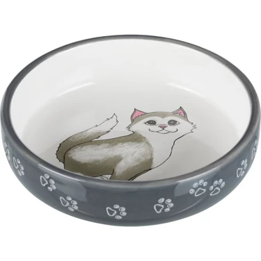 TRIXIE duża miska ceramiczna dla kota, szeroka i niska, biało-szara z nadrukiem 300 ml
