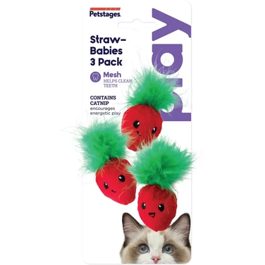 PETSTAGES Straw-Babies - 3 szeleszczące truskaweczki, małe i lekkie zabawki dla kota czyszczące zęby podczas gryzienia