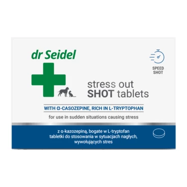 DR SEIDEL Stress out SHOT – tabletki uspokajające do stosowania w nagłych sytuacjach stresowych u psów i kotów, 10 szt.