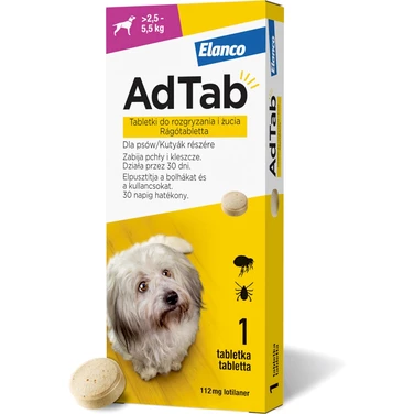 ELANCO AdTab 112 mg - tabletka na pchły i kleszcze dla psów o wadze 2,5 - 5,5 kg