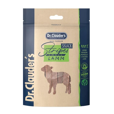 DR. CLAUDER'S Snack Stripes - miękkie smakołyki dla psów dorosłych i szczeniąt, mięsne paski z jagnięciny 80g
