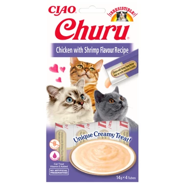 INABA CIAO CHURU - niskokaloryczny przysmak dla kota w formie kremowego sosu, kurczak z krewetkami 4x14g