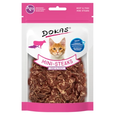 DOKAS Mini Steaks - miękkie mięsne smakołyki dla kota z wołowiną i rybą 25g