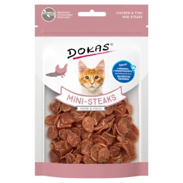 DOKAS Mini Steaks - miękkie mięsne smakołyki dla kota z kurczakiem i rybą 25g