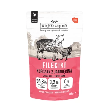 WIEJSKA ZAGRODA - mokra karma dla kota, mięsne fileciki, kurczak z jagnięciną 85g