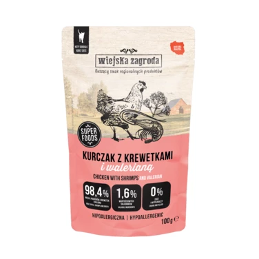 WIEJSKA ZAGRODA - mokra karma dla kota, delikatny pasztet, kurczak z krewetkami i walerianą 100g