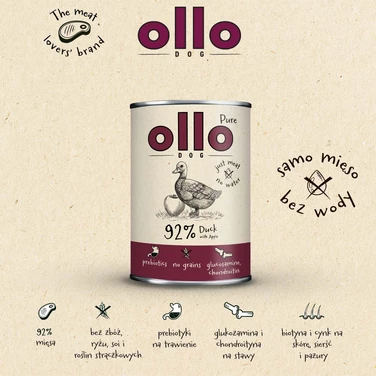 OLLO Pure Duck - mokra karma dla psa o bardzo wysokiej zawartości mięsa mięśniowego, kaczka z jabłkiem 400g - 2