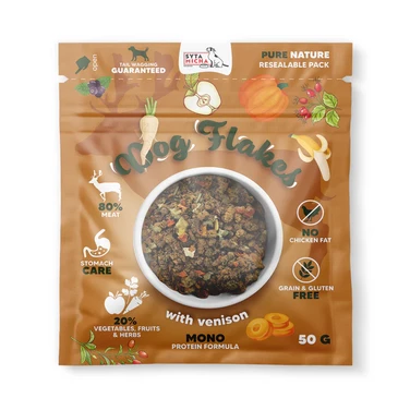 SYTA MICHA Dog flakes - monobiałkowa, suszona karma dla psa, odpowiednia także dla psów na BARF, 80% mięsa jelenia 50g