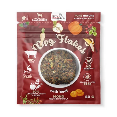 SYTA MICHA Dog flakes - monobiałkowa, suszona karma dla psa, odpowiednia także dla psów na BARF, 80% mięsa wołowego 50g